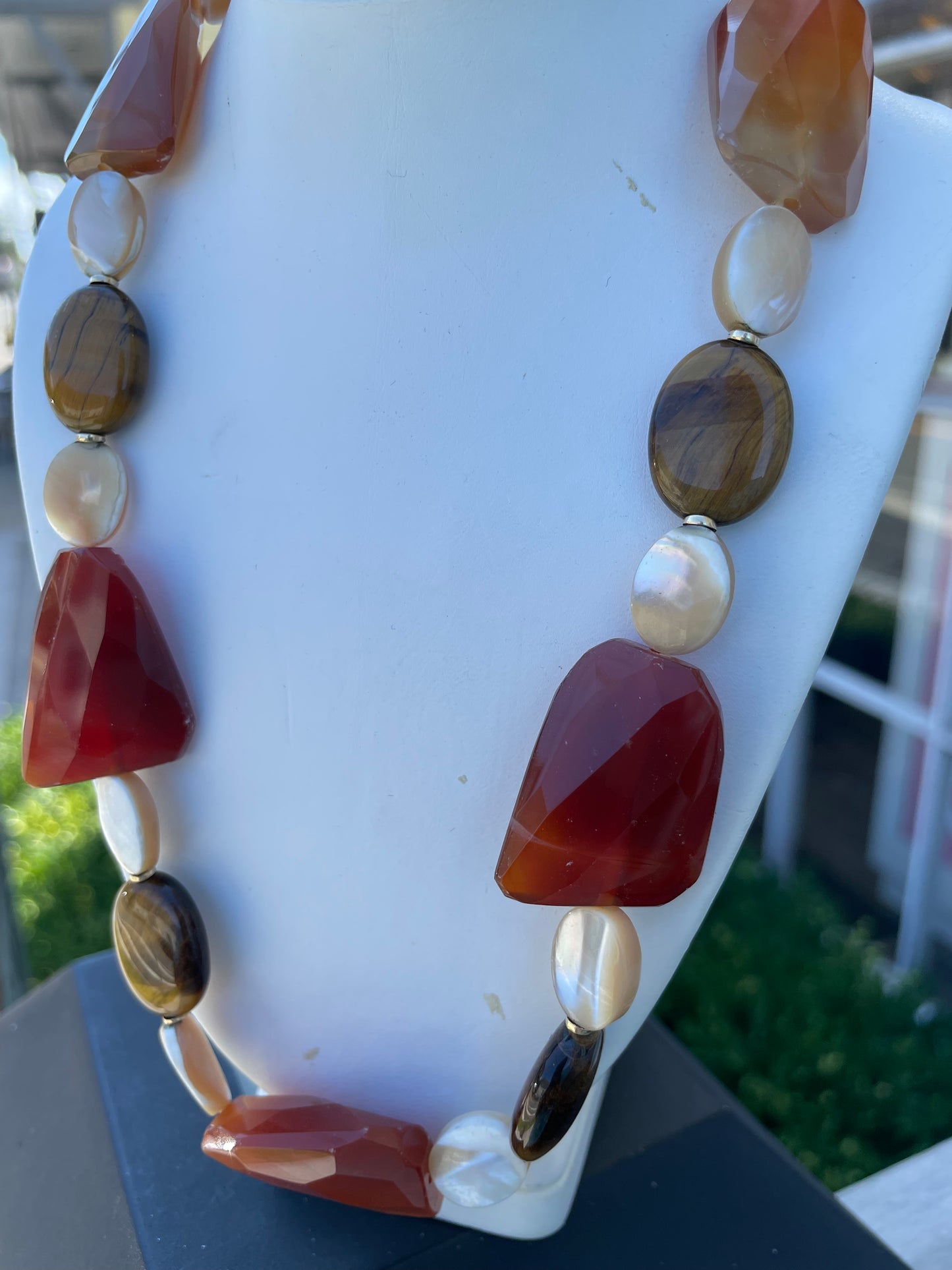 14k Gold Carnelian, Tigereye & Mother of Pearl Large Stone Necklace