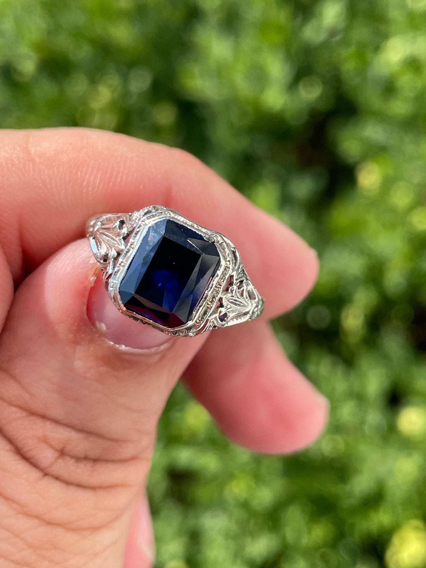 Antique 14k White Gold Lab Created Sapphire Statement Ring