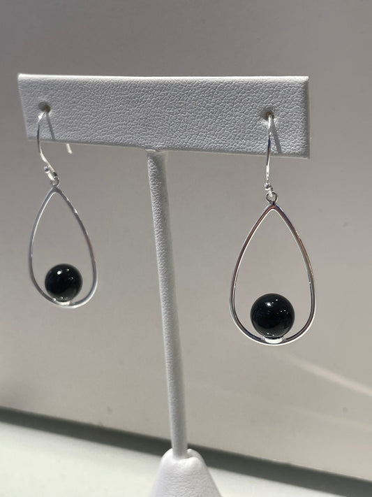 925 Sterling Silver Black Onyx Bead Oval Wire Drop Earrings