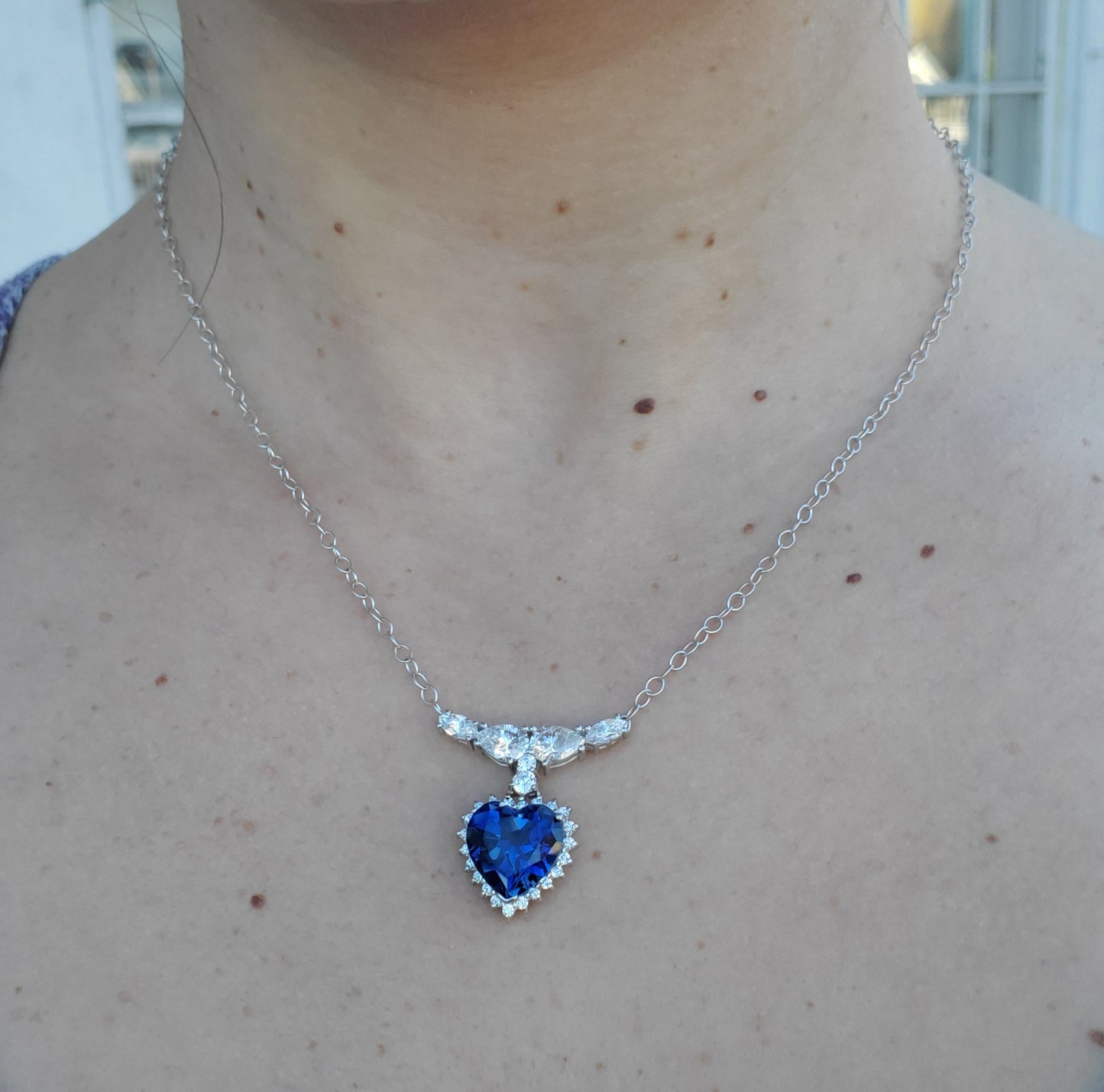 10k White Gold Titanic Heart of the Ocean Simulated Blue Sapphire & Zirconia Necklace