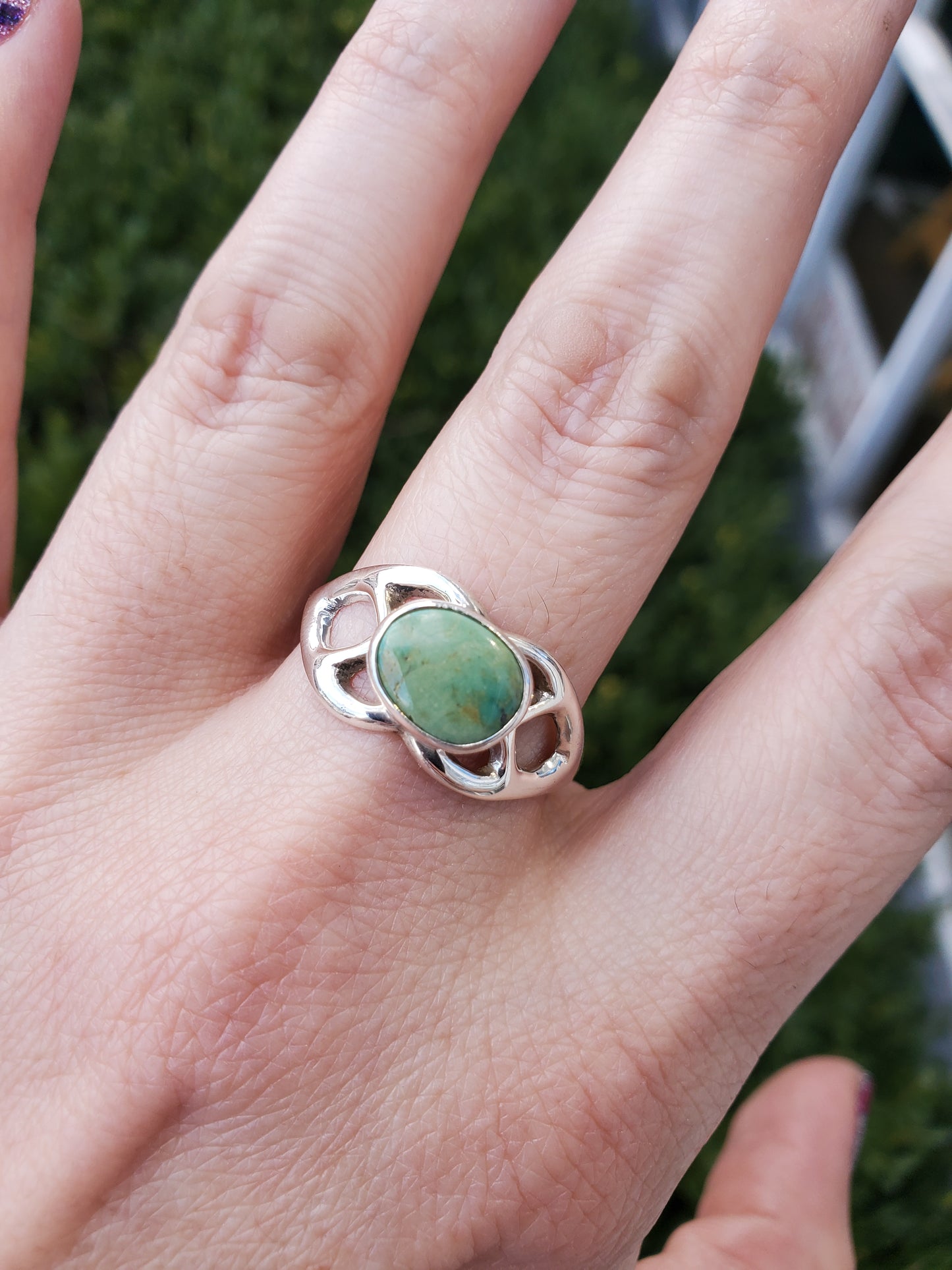925 Sterling Silver Oval Prehnite Openwork Band Ring