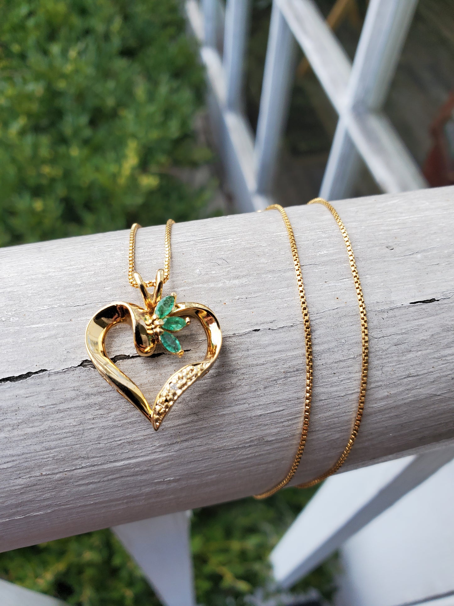 925 Sterling Silver Vermeil Genuine Emerald & Diamond Open Heart Necklace