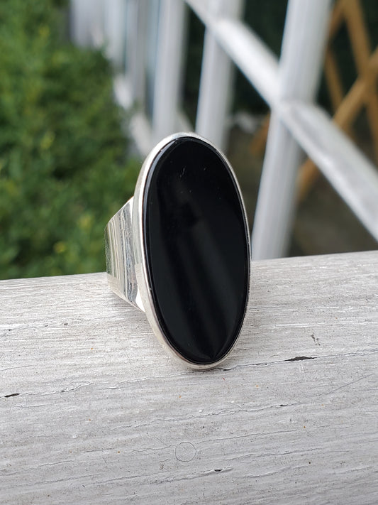 925 Sterling Silver Large Oval Black Onyx Ring