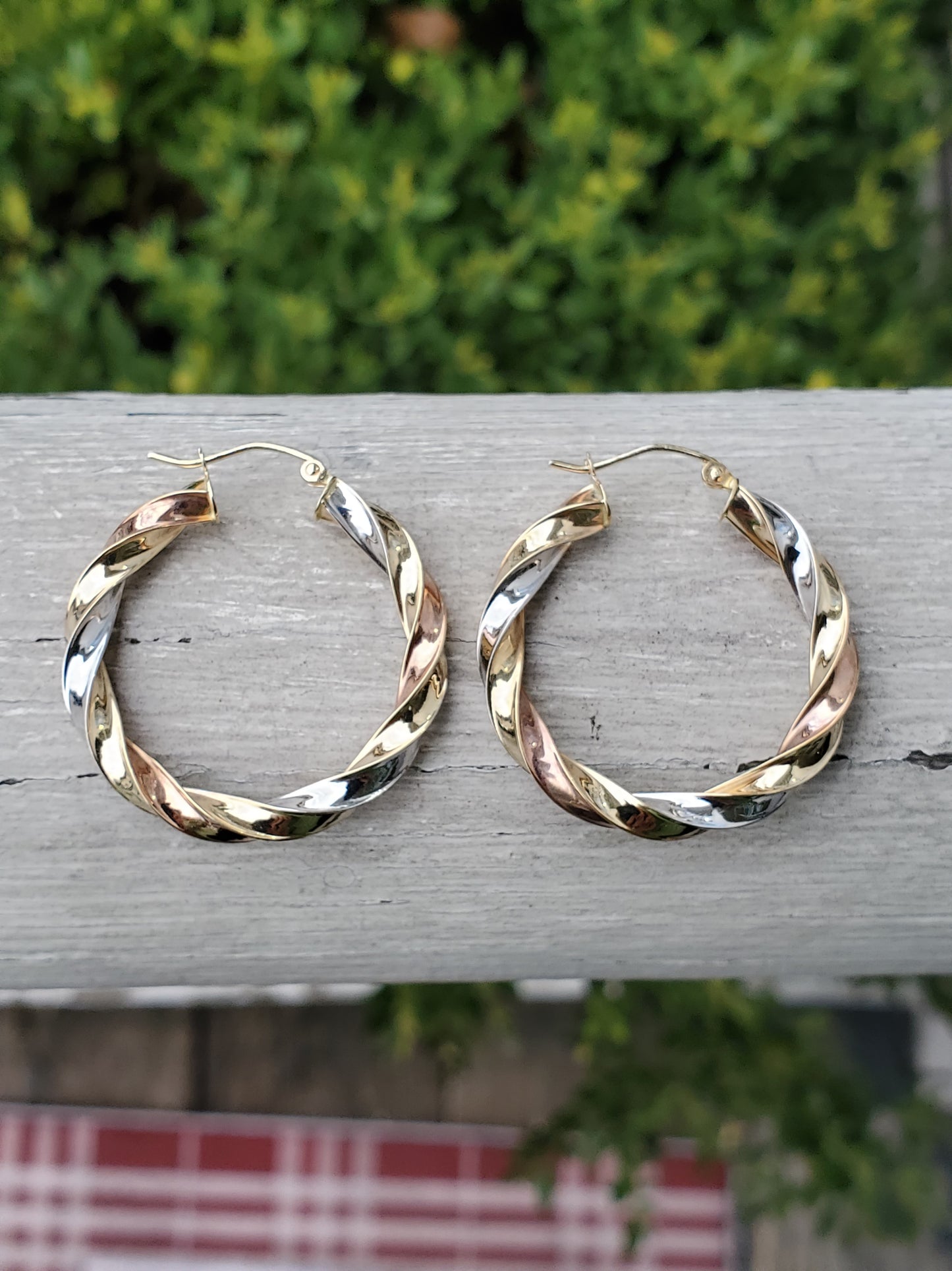 14k Gold Tri-color Ladies Twisted Hoop Earrings