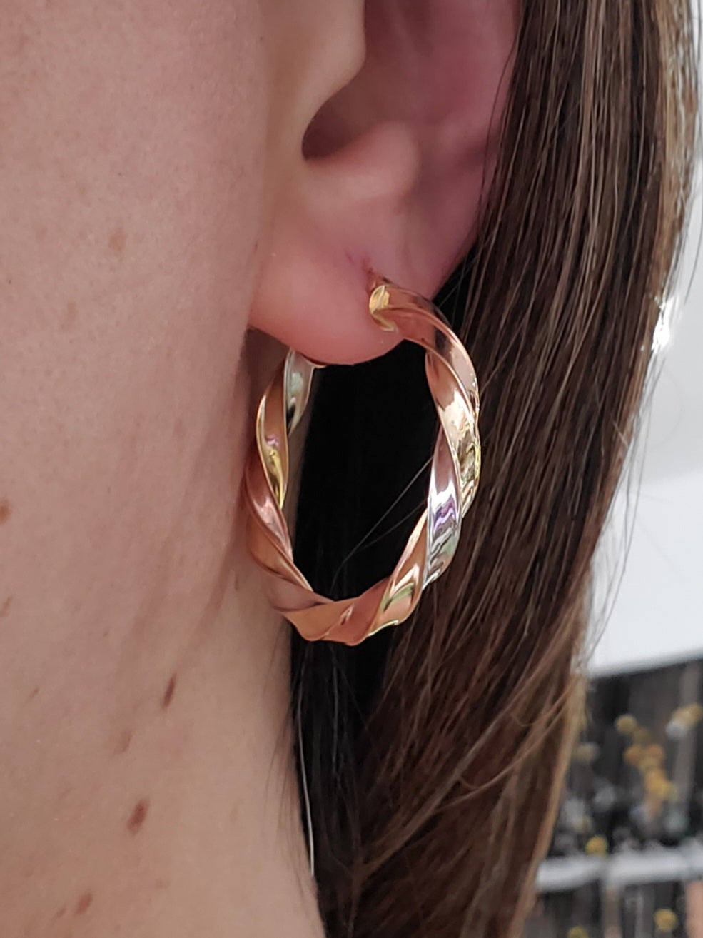 14k Gold Tri-color Ladies Twisted Hoop Earrings