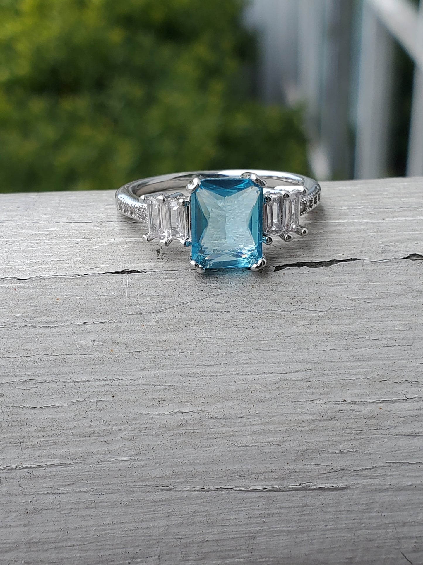 Stainless Steel Ladies Blue Crystal Emerald Cut Zirconia Ring