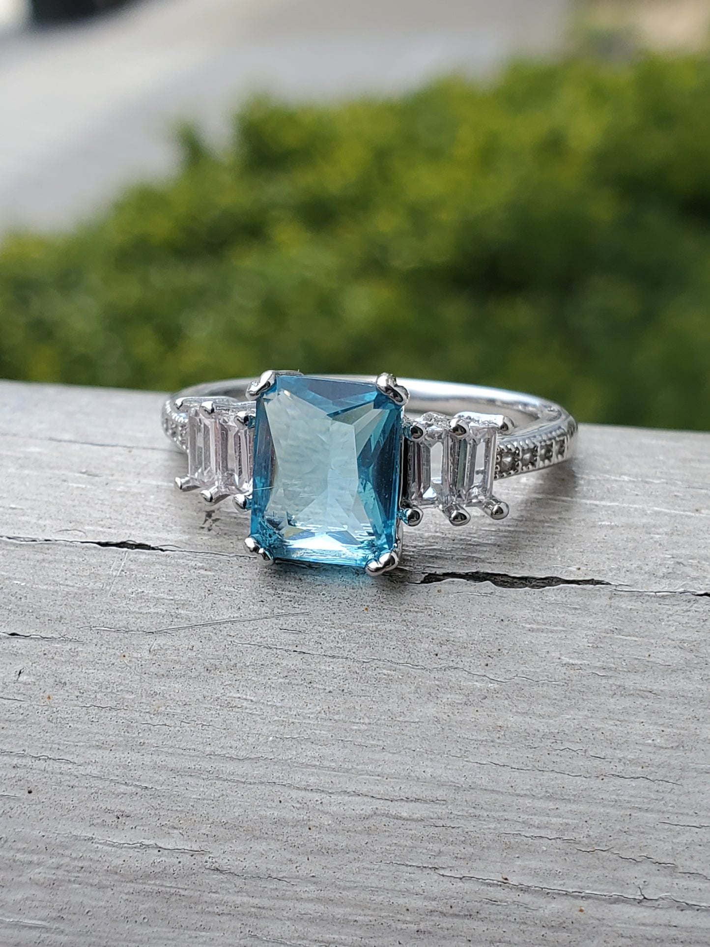 Stainless Steel Ladies Blue Crystal Emerald Cut Zirconia Ring