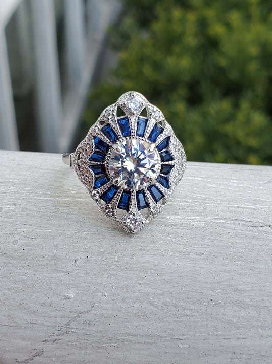 925 Sterling Silver 2ct Certified Moissanite & Lab Created Sapphire Vintage Style Decor Ring