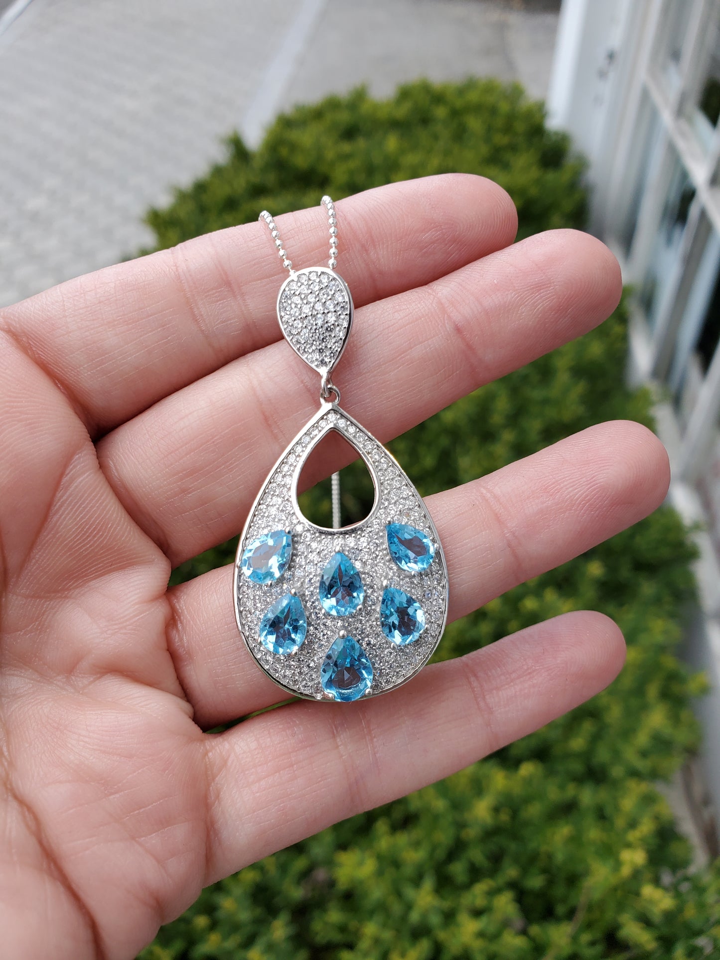 925 Sterling Silver Tears of Joy 3.00ct Swiss Blue Topaz & Clear Zirconia Necklace