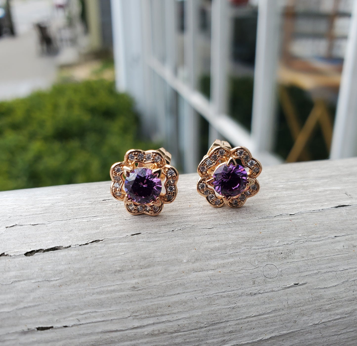 Stainless Steel Rose Vermeil Perfect Posies Purple Zirconia Stud Earrings