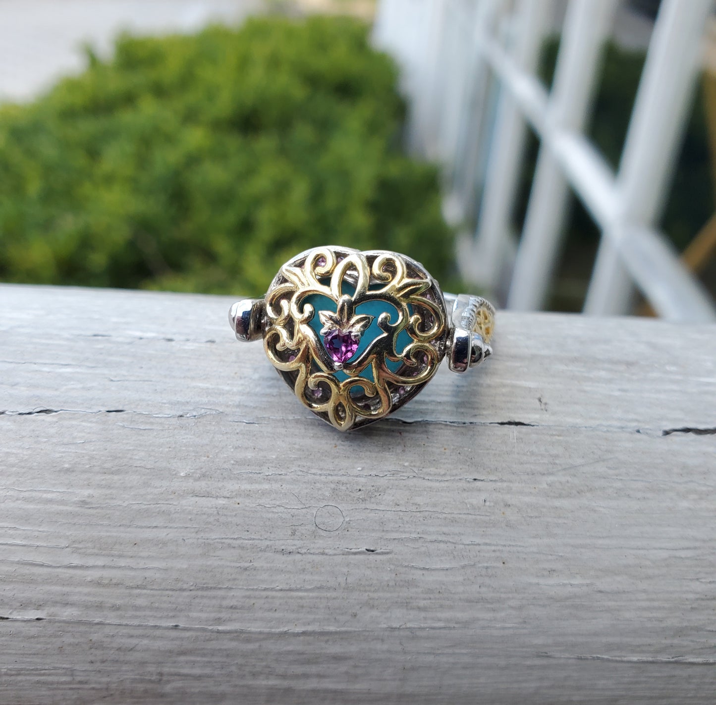 925 Sterling Silver Vermeil Turquoise & Amethyst Decorative Flip Ring