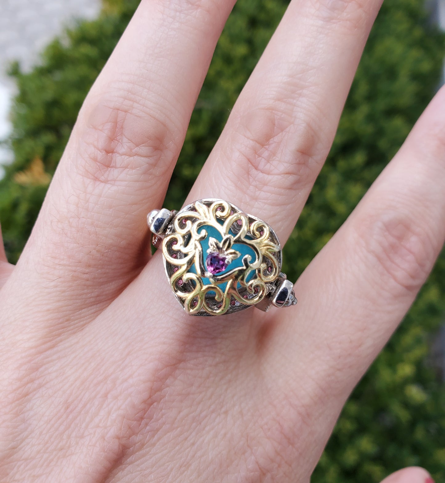 925 Sterling Silver Vermeil Turquoise & Amethyst Decorative Flip Ring