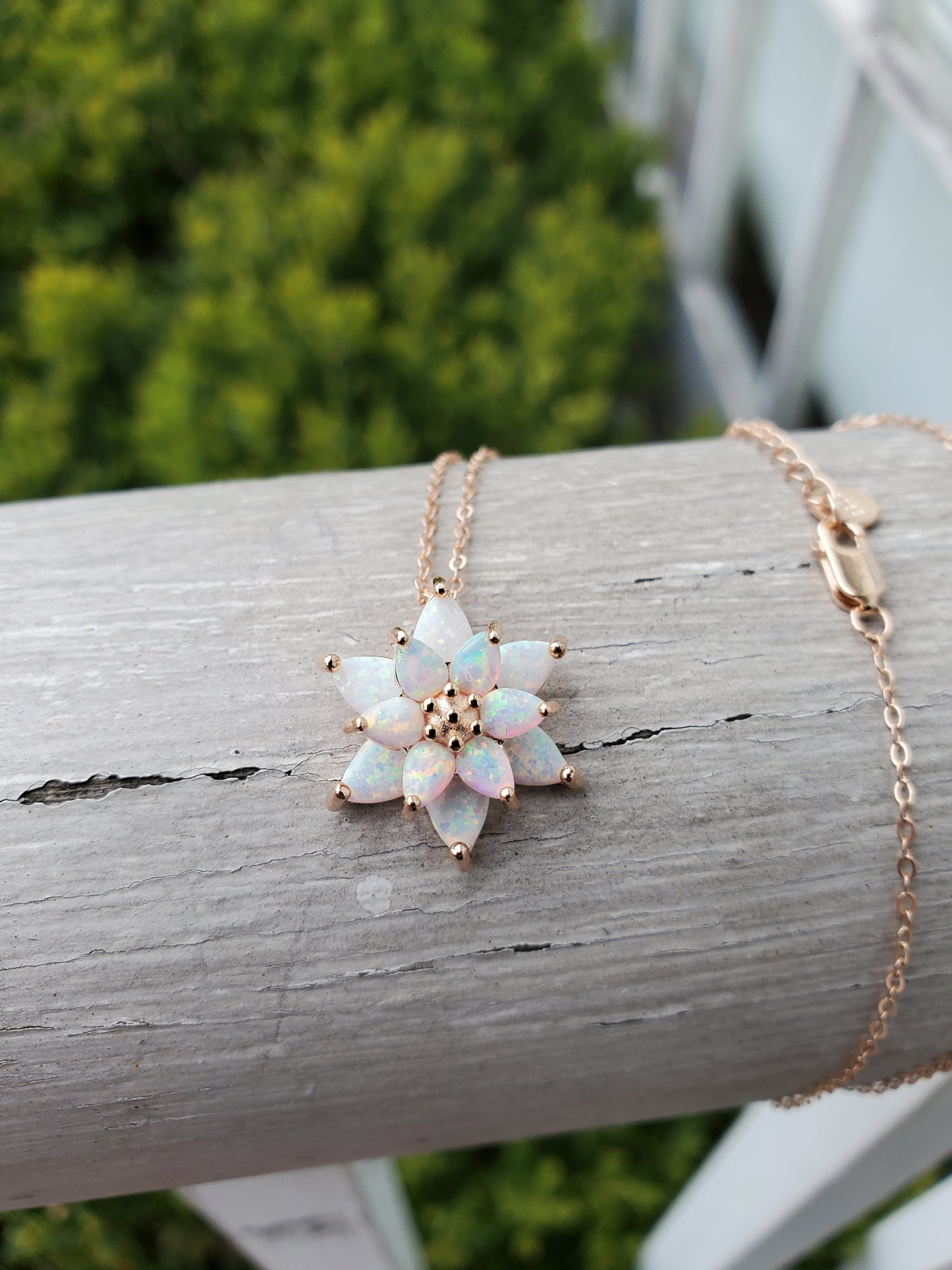 925 Sterling Silver Rose Vermeil Opalite Flower Necklace