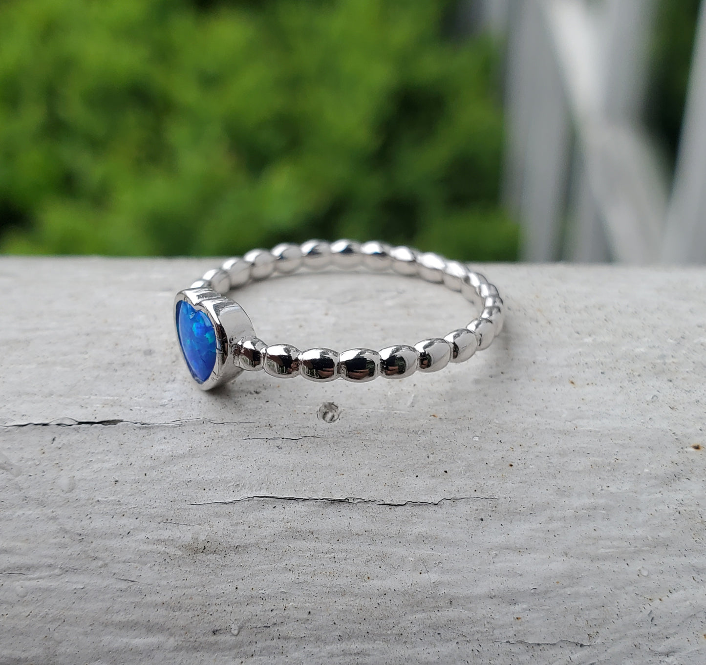 925 Sterling Silver Blue Opal Beaded Band Ring