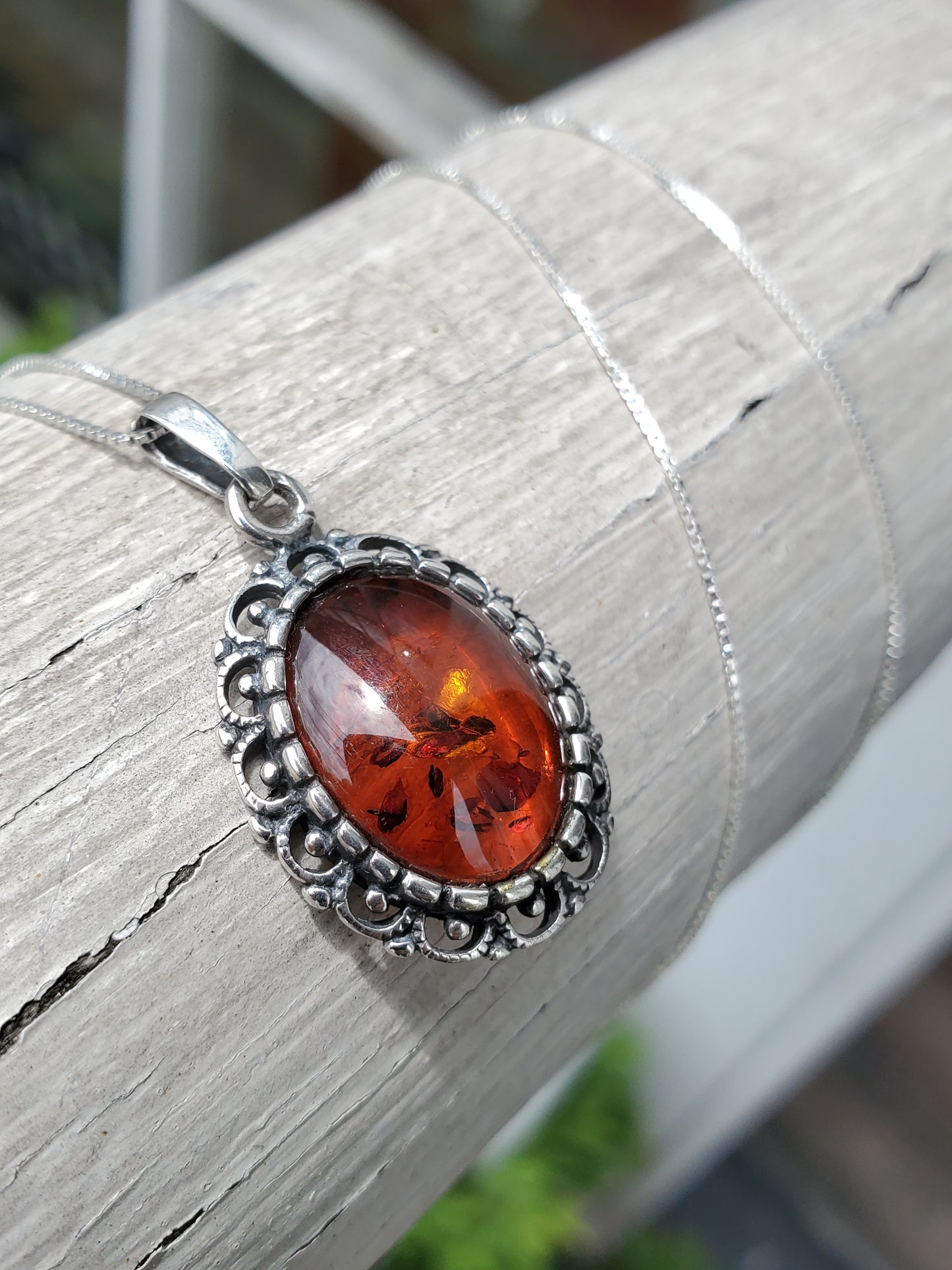 925 Sterling Silver Oval Amber Fancy Halo Necklace