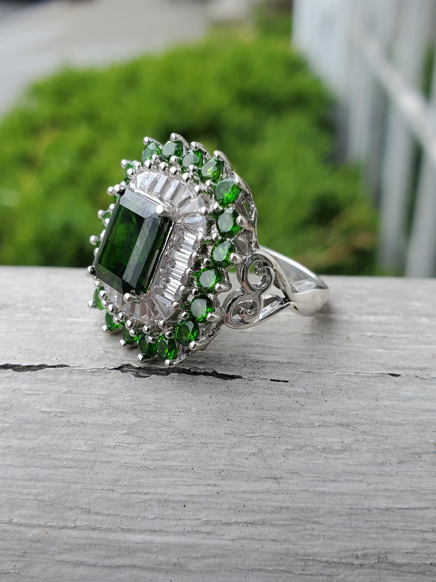925 Sterling Silver 2ct Emerald Cut Chrome Diopside Cluster Ring sz:7