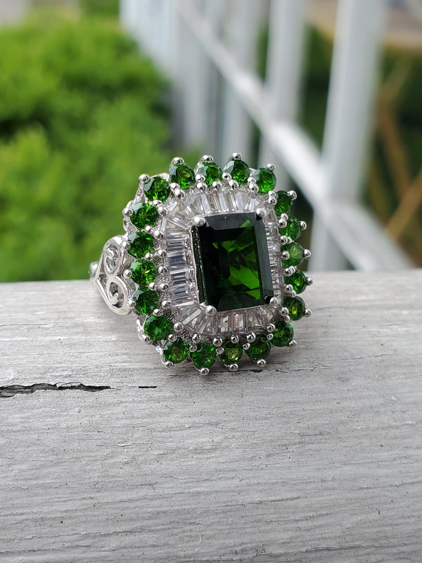 925 Sterling Silver 2ct Emerald Cut Chrome Diopside Cluster Ring sz:7