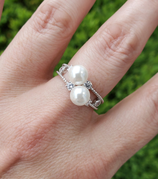 925 Sterling Silver Two of a Kind  Pearl Helix Zirconia Ring sz:8