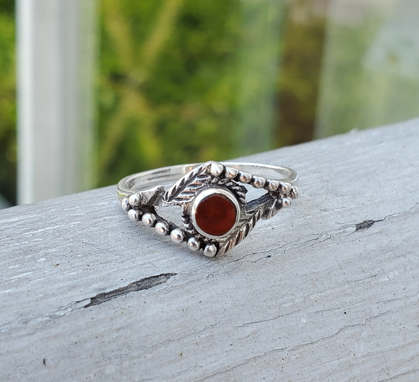 925 Sterling Silver Carnelian Feather Beaded Design Ring