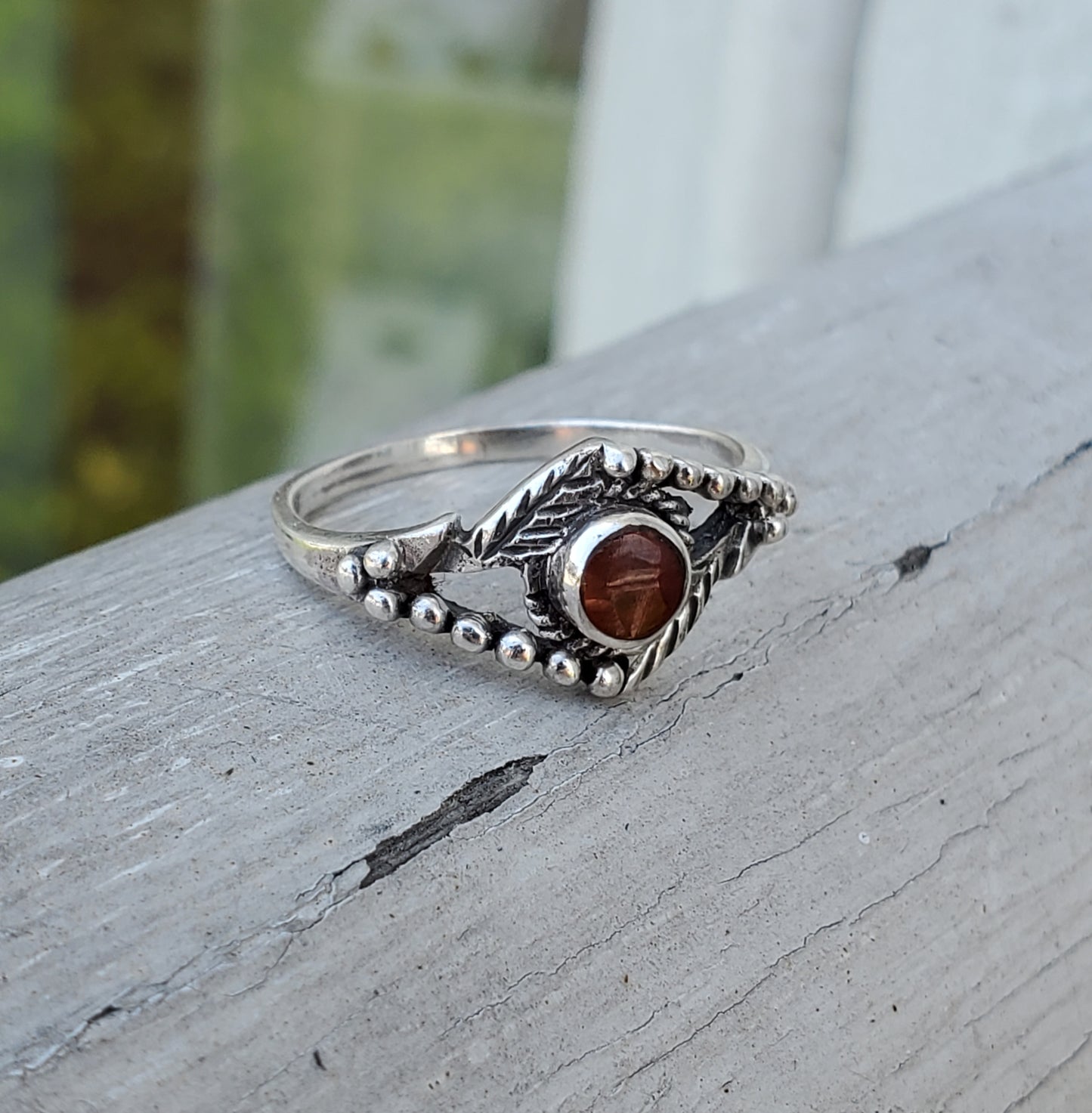 925 Sterling Silver Carnelian Feather Beaded Design Ring