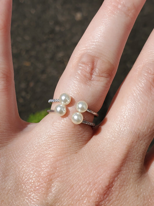 925 Sterling Silver Double Open 4 Pearl & CZ Band Ring