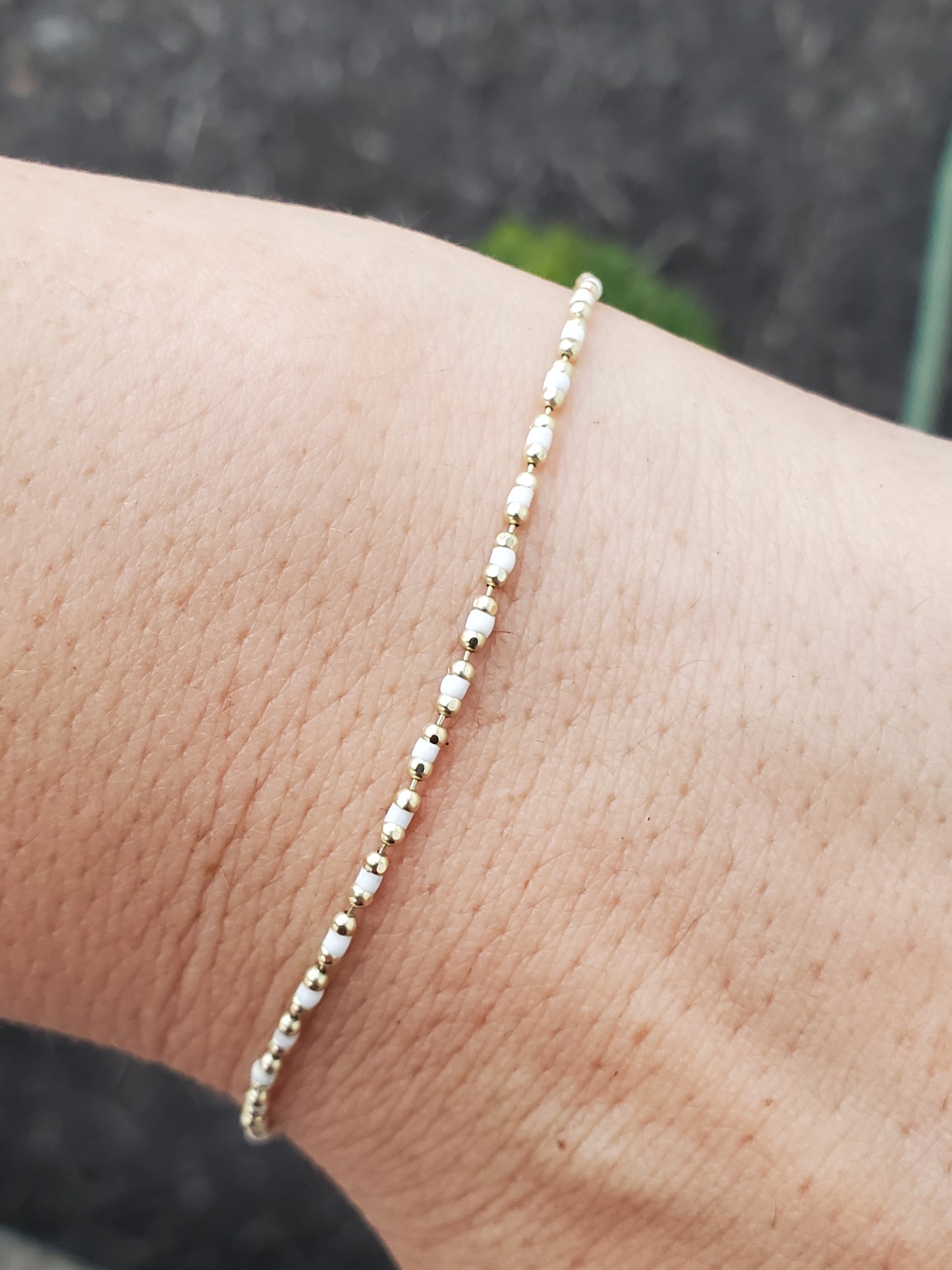 14k Solid Gold Petite White Enamel Beaded Bracelet w/extension