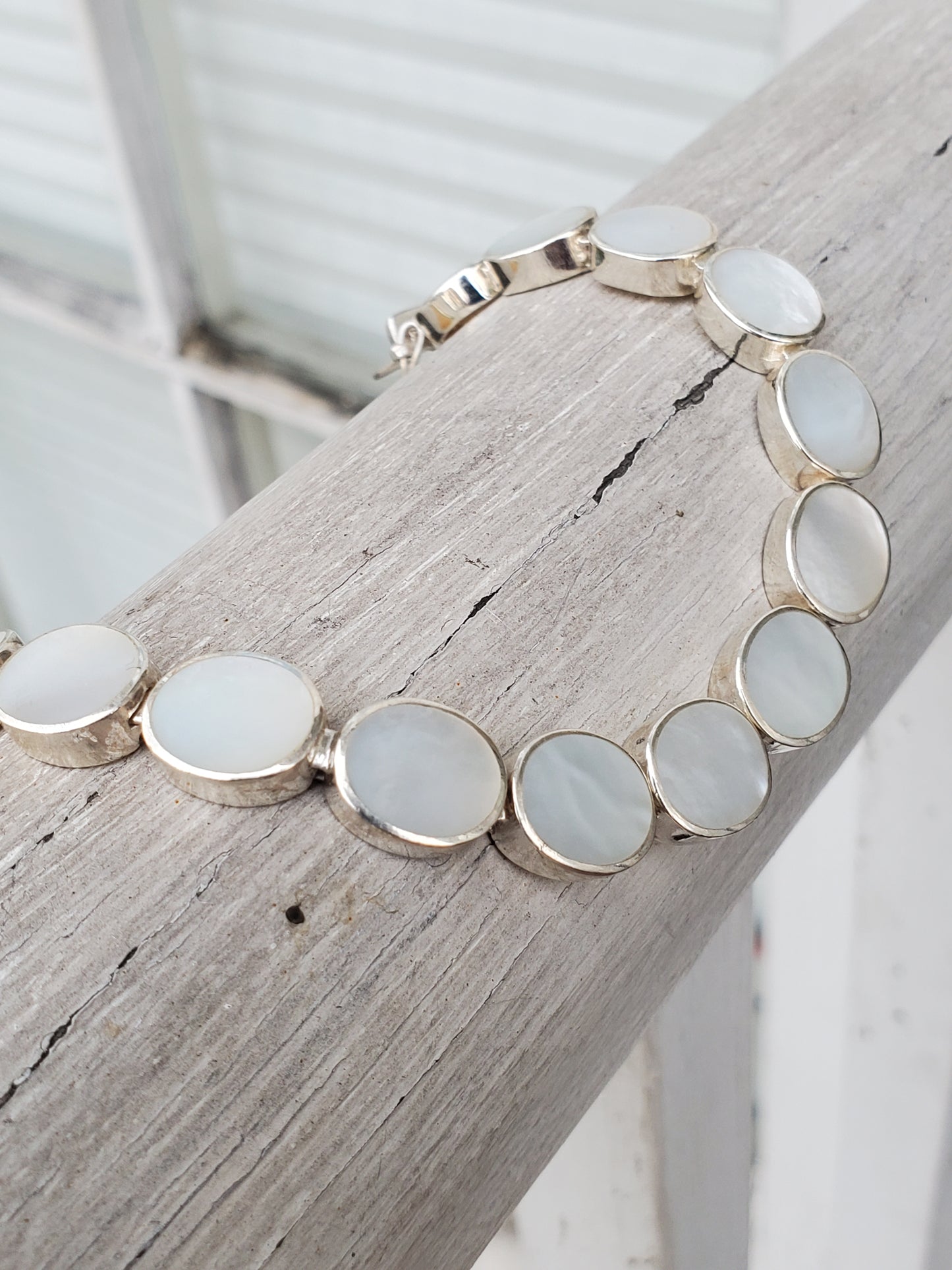 925 Sterling Silver Mother of Pearl Large Oval Stone Bracelet