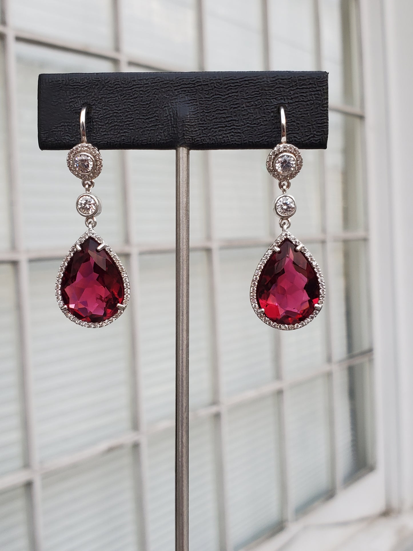 925 Simulated Ruby Pear Chandelier Zirconia Drop Earrings