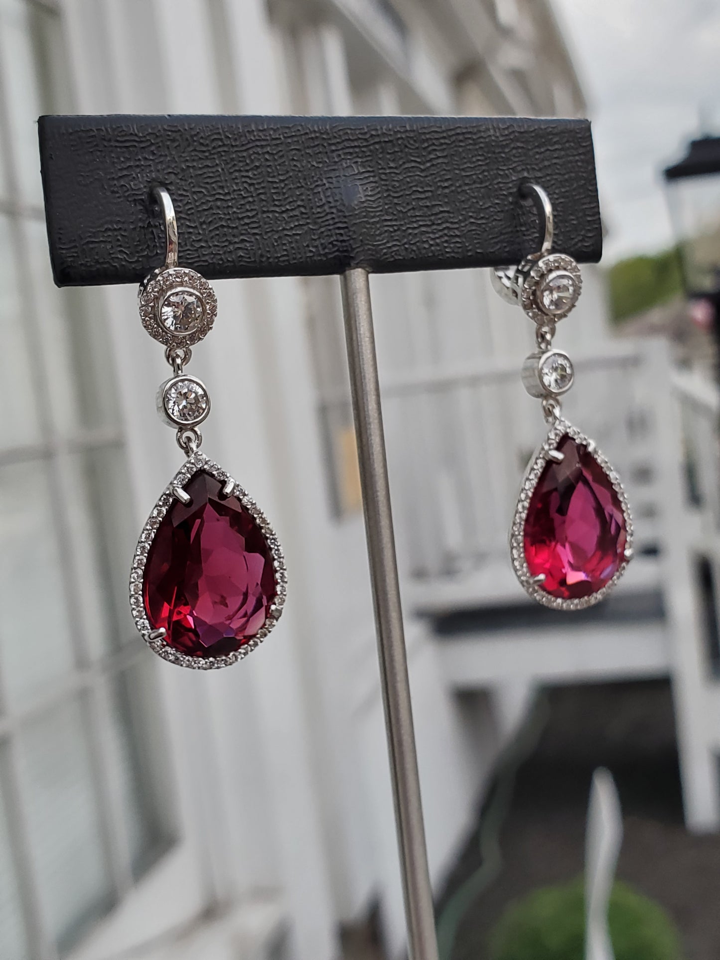 925 Simulated Ruby Pear Chandelier Zirconia Drop Earrings