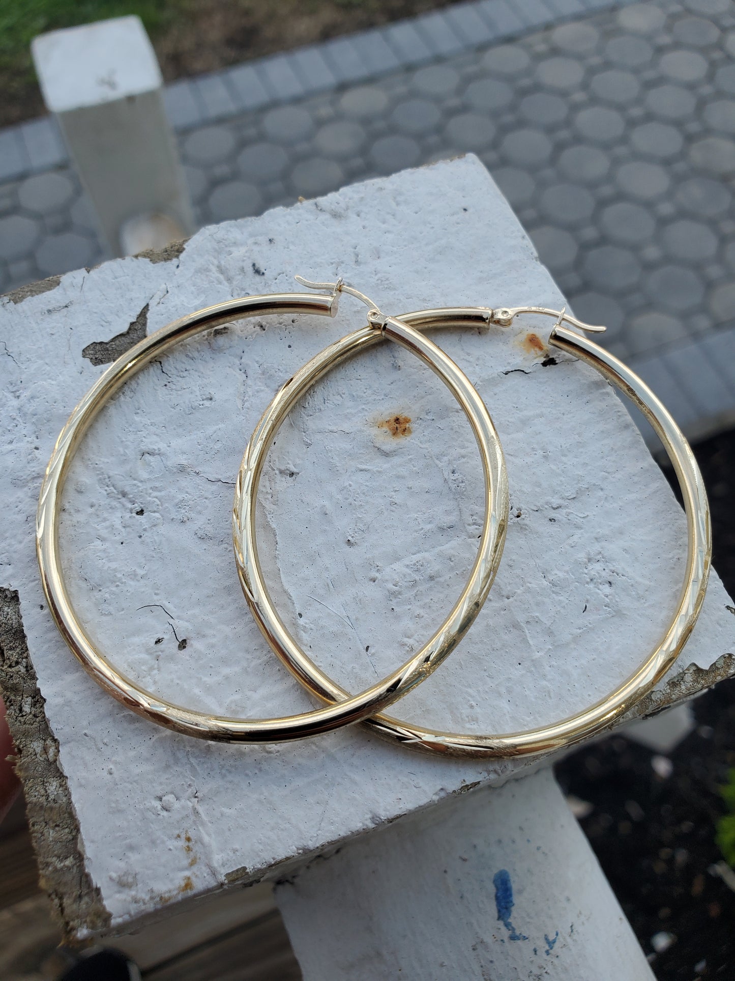 14k Solid Gold Large Hi-polish & Diamond Cut Hoop Earrings