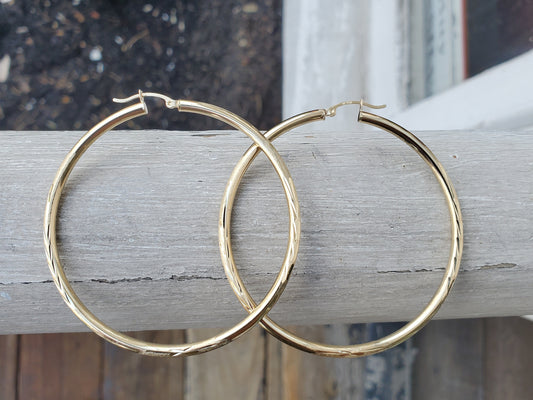 14k Solid Gold Large Hi-polish & Diamond Cut Hoop Earrings