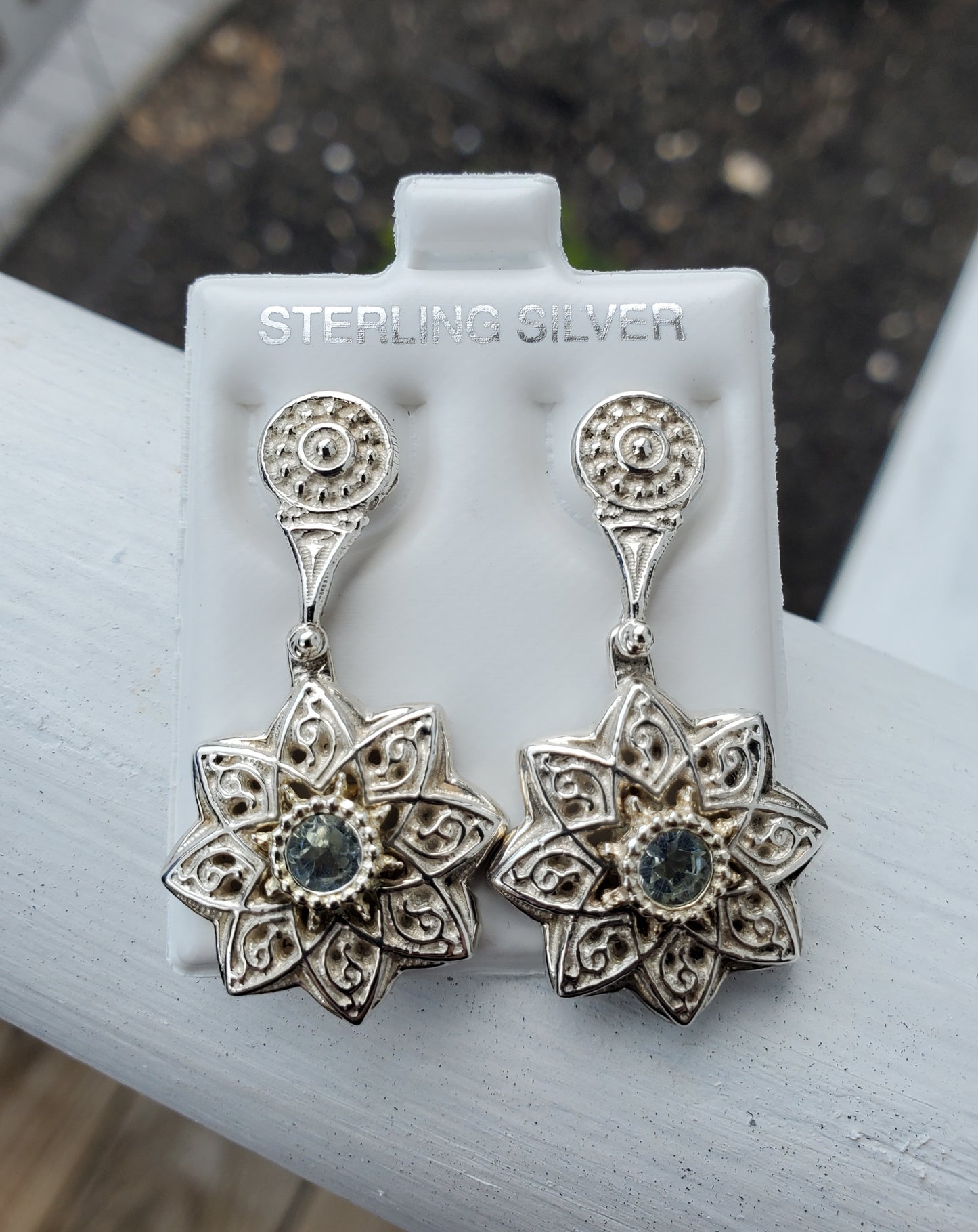 925 Sterling Silver Vermeil Aquamarine 8 Petal Filagre Floral Drop Earrings