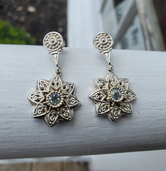 925 Sterling Silver Vermeil Aquamarine 8 Petal Filagre Floral Drop Earrings