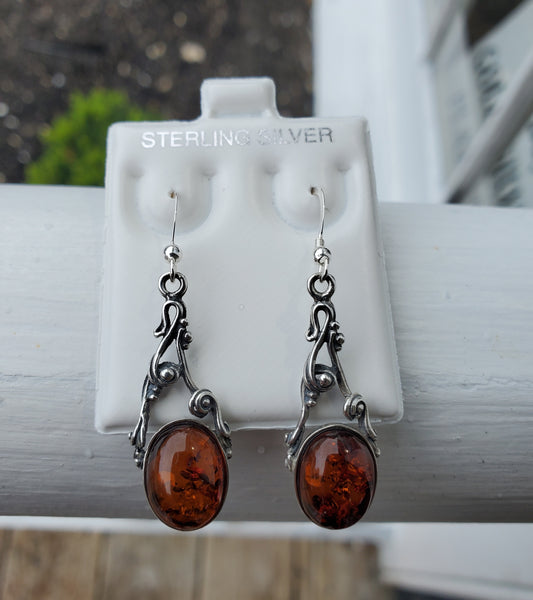 925 Sterling Silver Genuine Amber Drop Earrings