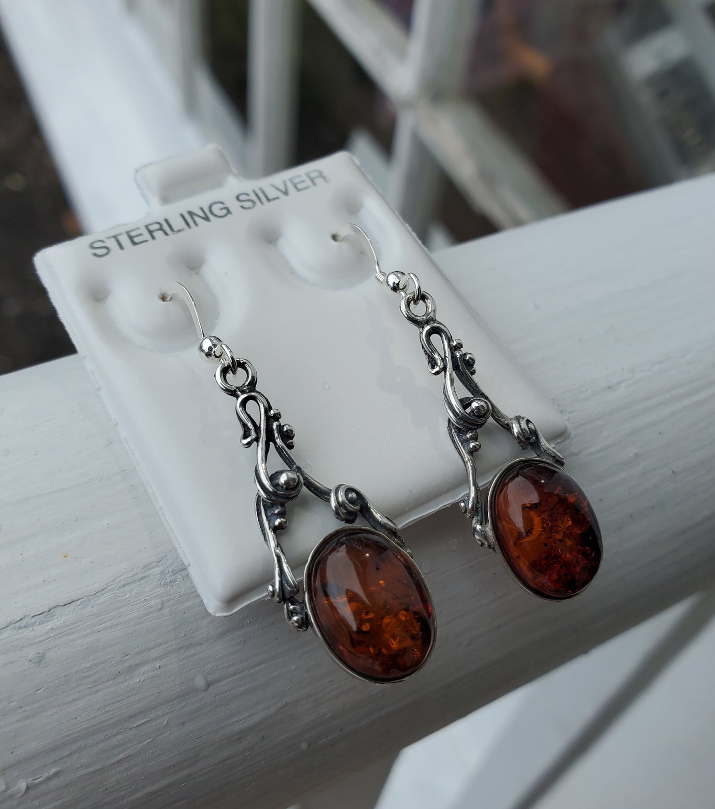 925 Sterling Silver Genuine Amber Drop Earrings