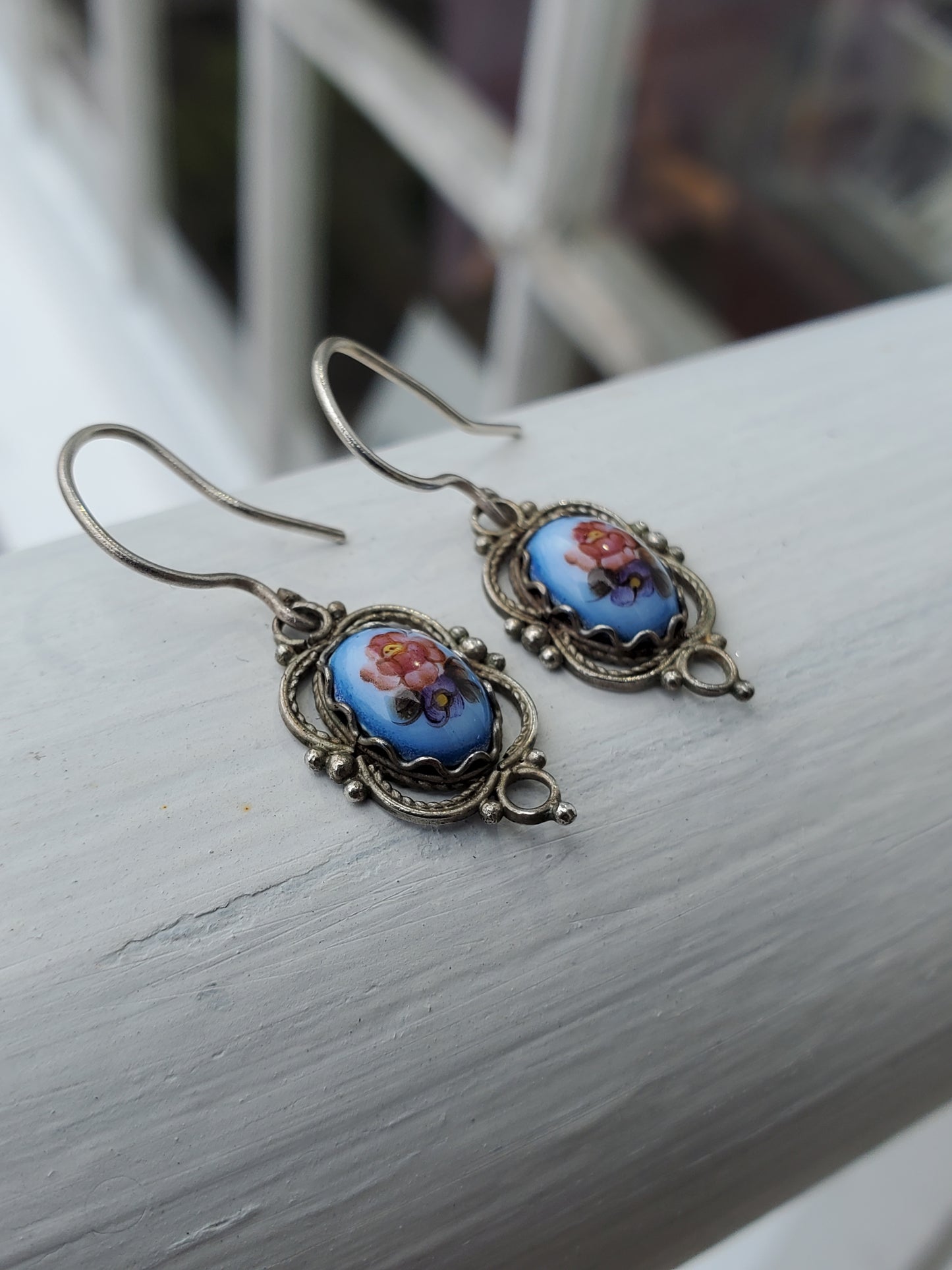 925 Sterling Silver Hand Painted Enamel Rose 🌹 Drop Earrings