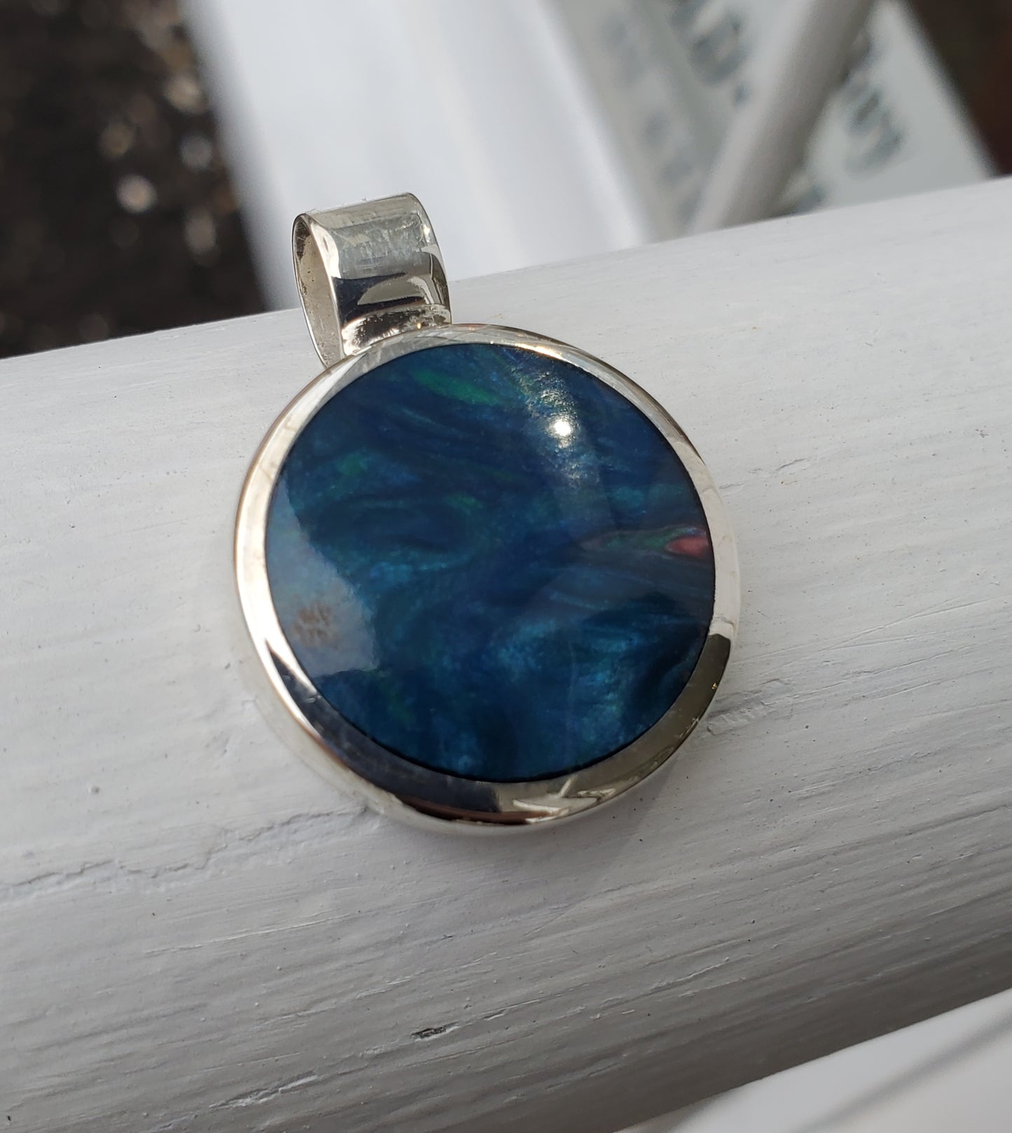 925 Sterling Silver "My World's an Ocean" Pendant w/ glittering Blue Oil Based Enamel