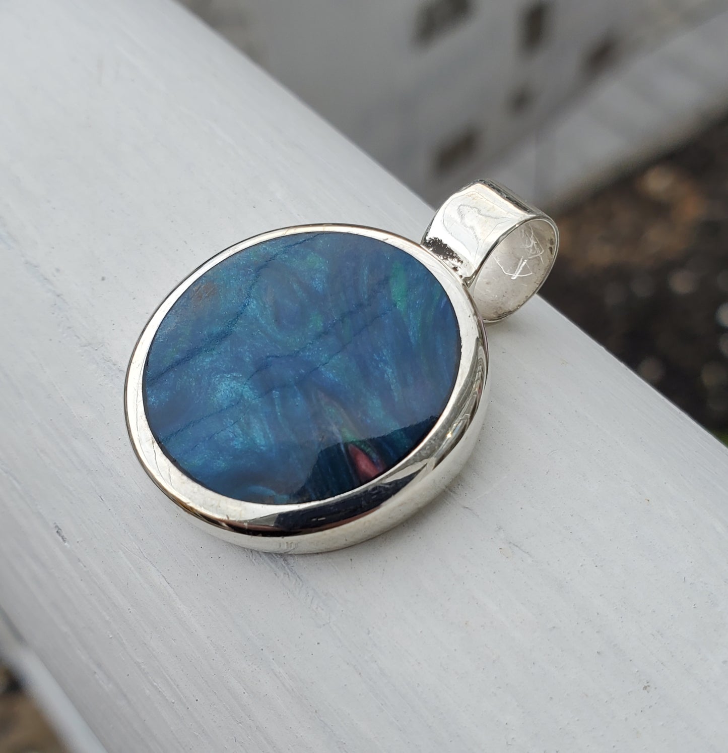 925 Sterling Silver "My World's an Ocean" Pendant w/ glittering Blue Oil Based Enamel