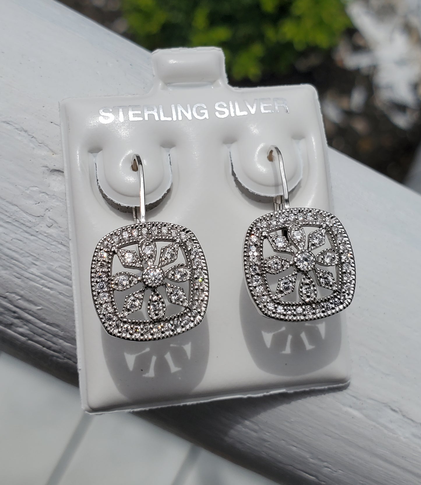 925 Sterling Silver Square Floral Zirconia Leaverback Earrings