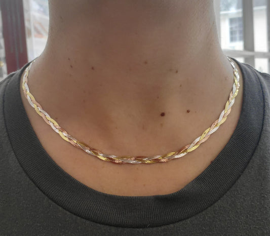 925 Sterling Silver Tri-color Braided Herringbone Necklace