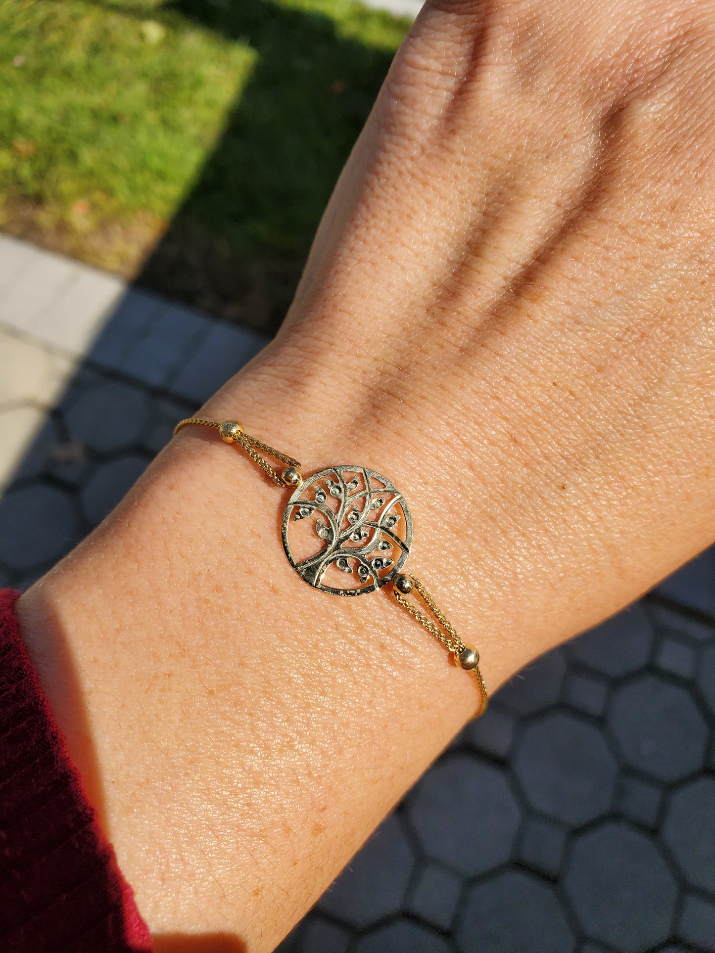 14k gold Tree of Life Ladies Diamond Cut adjustable bracelet