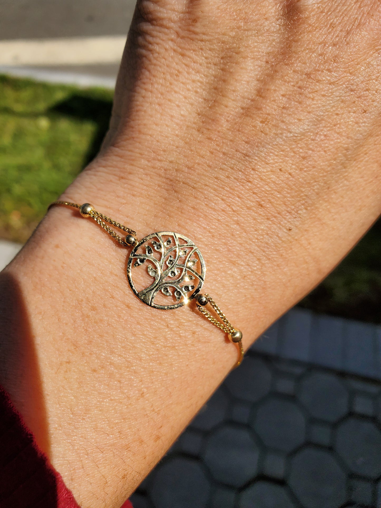 14k gold Tree of Life Ladies Diamond Cut adjustable bracelet