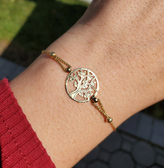 14k gold Tree of Life Ladies Diamond Cut adjustable bracelet