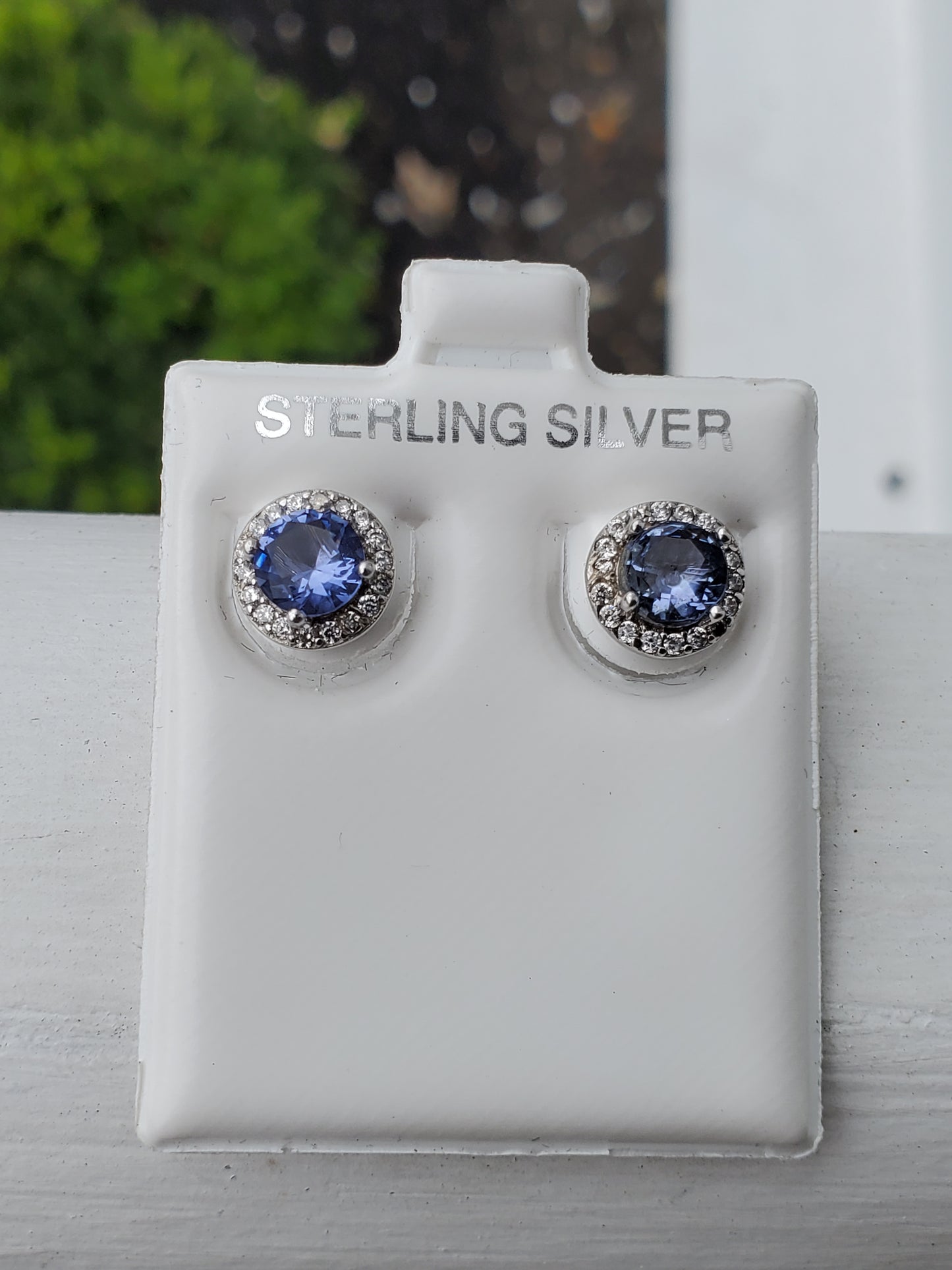 925 Sterling Silver Simulated Tanzanite & Zirconia Halo Stud Earrings