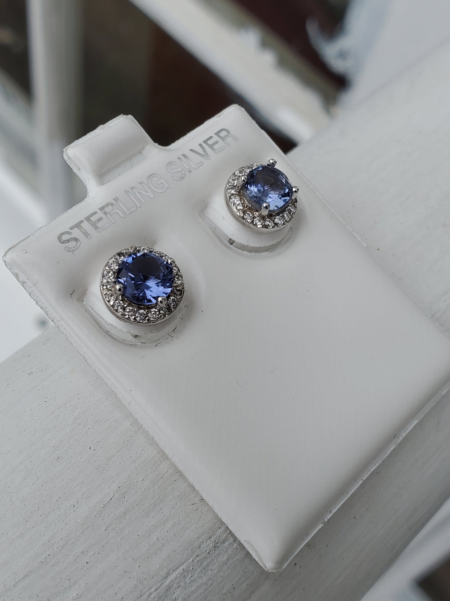 925 Sterling Silver Simulated Tanzanite & Zirconia Halo Stud Earrings