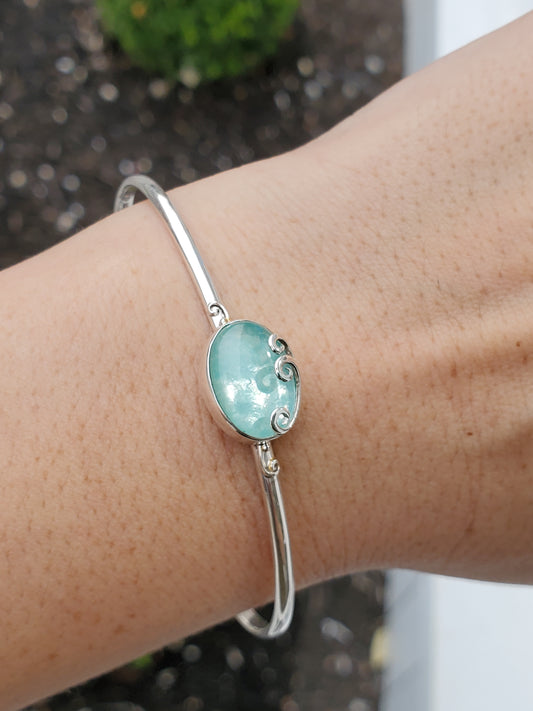 925 Sterling Silver Teal Mother of Pearl thin cuff bangle bracelet