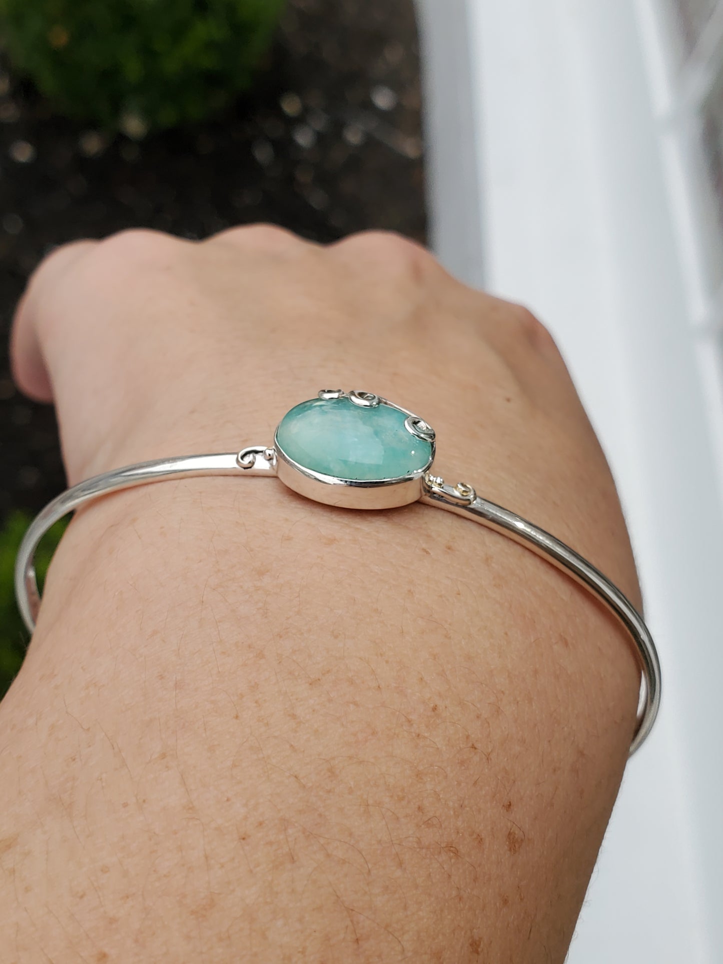 925 Sterling Silver Teal Mother of Pearl thin cuff bangle bracelet