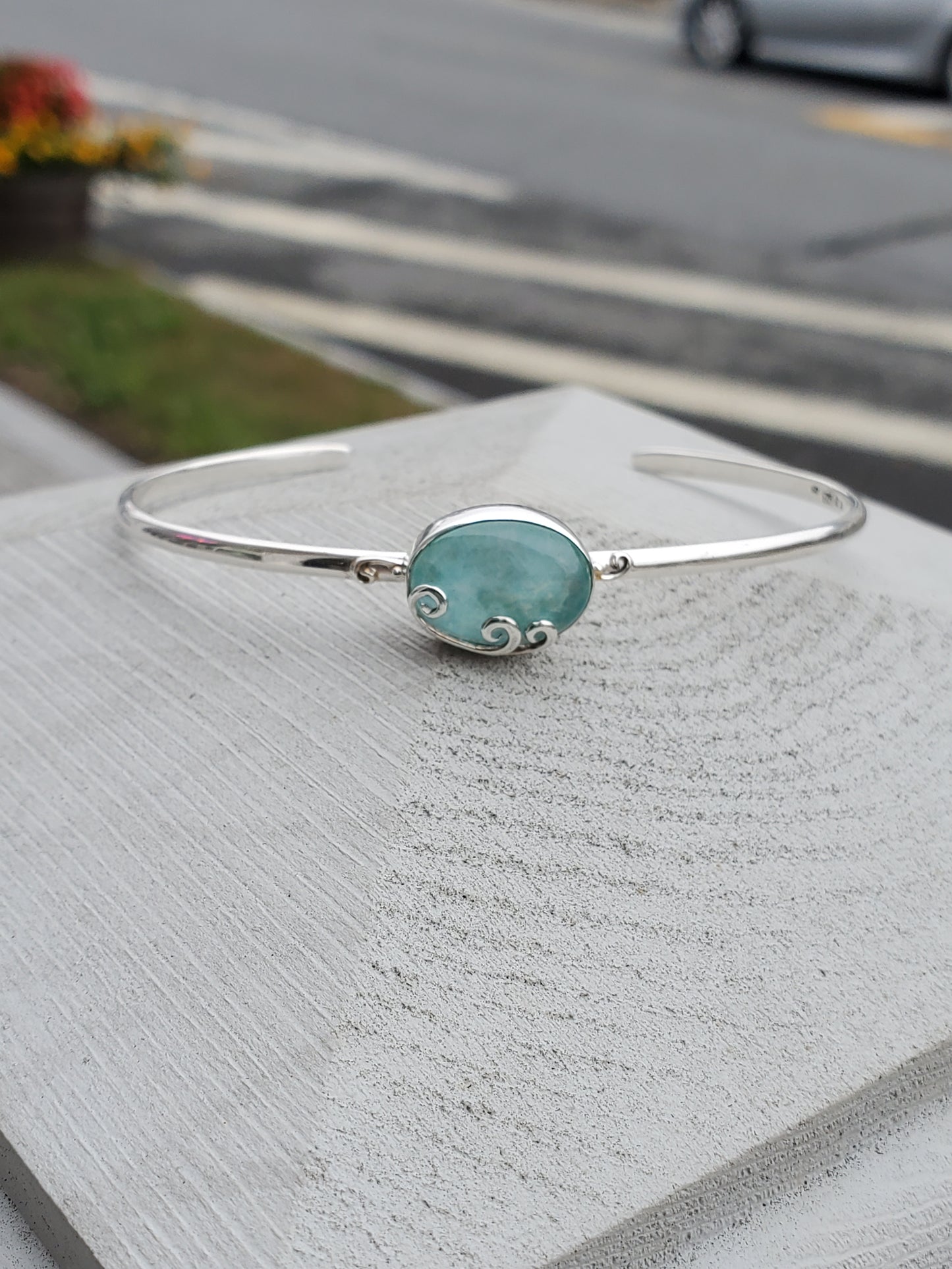 925 Sterling Silver Teal Mother of Pearl thin cuff bangle bracelet