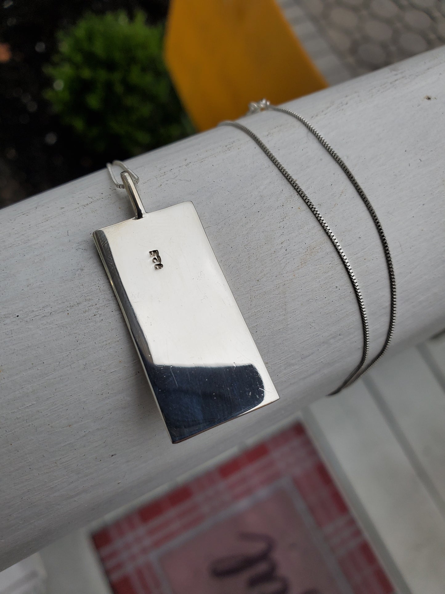 925 Sterling Silver LV Logo Sky Blue Rectangular Necklace