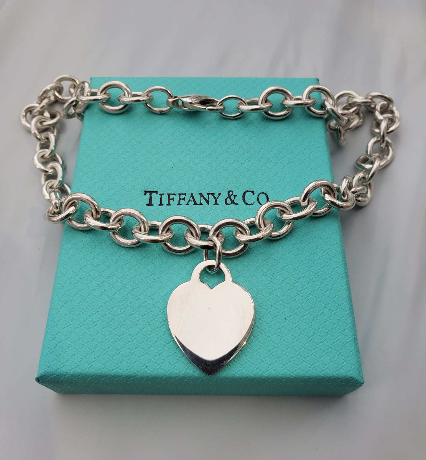 925 Sterling Silver Tiffany & Co. dangle heart tag chain link necklace